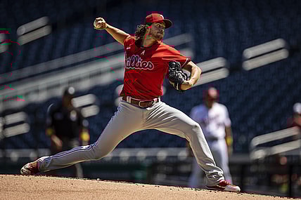 Sep 2, 2021; Washington, District of Columbia, USA; Philadelphia Phillies starting pitcher Aaron Nola (27) pitches against the Washington Nationals during the first inning at Nationals Park. Mandatory Credit: Scott Taetsch-USA TODAY Sports