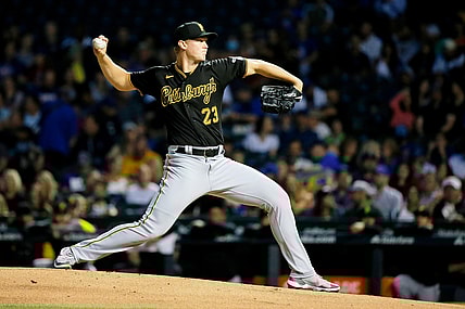 Sep 2, 2021; Chicago, Illinois, USA; Pittsburgh Pirates starting pitcher Mitch Keller (23) pitches against the Chicago Cubs during the first inning at Wrigley Field. Mandatory Credit: Jon Durr-USA TODAY Sports