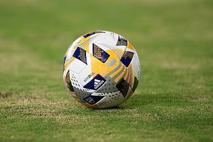 Sep 3, 2021; Los Angeles, California, USA; A detailed view of an Adidas official FIFA game ball in the second half of a match between the LAFC and Sporting KC at Banc of California Stadium. Mandatory Credit: Kirby Lee-USA TODAY Sports