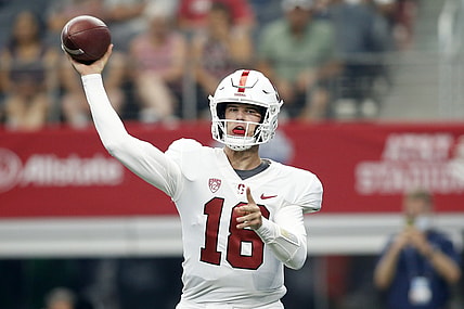 Sep 4, 2021; Arlington, Texas, USA; Stanford Cardinal quarterback Tanner McKee (18) throws a pass in the second quarter against the Kansas State Wildcats at AT&T Stadium. Mandatory Credit: Tim Heitman-USA TODAY Sports