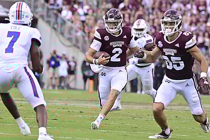Sep 4, 2021; Starkville, Mississippi, USA;  Mississippi State Bulldogs quarterback Will Rogers (2) runs the ball against the Louisiana Tech Bulldogs during the first quarter at Davis Wade Stadium at Scott Field. Mandatory Credit: Matt Bush-USA TODAY Sports