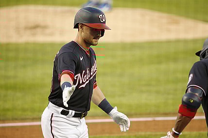 Sep 4, 2021; Washington, District of Columbia, USA; Washington Nationals center fielder Lane Thomas (28) celebrates after hitting a home run against the New York Mets in the first inning at Nationals Park. Mandatory Credit: Amber Searls-USA TODAY Sports