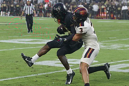 Purdue wide receiver David Bell (3) is tackled by Oregon State defensive back Jaydon Grant (3) during the first quarter of an NCAA college football game, Saturday, Sept. 4, 2021 at Ross-Ade Stadium in West Lafayette.

Cfb Purdue Vs Oregon State