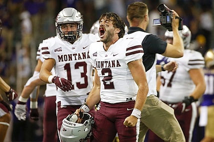 Sep 4, 2021; Seattle, Washington, USA; Montana Grizzlies quarterback Camron Humphrey (2) celebrates following a 13-7 victory against the Washington Huskies at Alaska Airlines Field at Husky Stadium. Mandatory Credit: Joe Nicholson-USA TODAY Sports