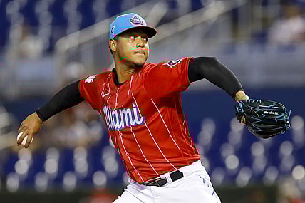 Sep 5, 2021; Miami, Florida, USA; Miami Marlins starting pitcher Elieser Hernandez (57) delivers a pitch in the first inning of the game against the Philadelphia Phillies at loanDepot Park. Mandatory Credit: Sam Navarro-USA TODAY Sports