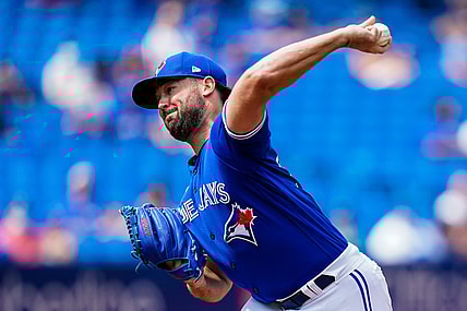 Sep 5, 2021; Toronto, Ontario, CAN; Toronto Blue Jays starting pitcher Robbie Ray (38) pitches against the Oakland Athletics during the first inning at Rogers Centre. Mandatory Credit: Kevin Sousa-USA TODAY Sports