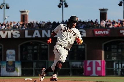 Sep 5, 2021; San Francisco, California, USA; San Francisco Giants shortstop Brandon Crawford (35) rounds third base on his way to score run during the third inning against the Los Angeles Dodgers at Oracle Park. Mandatory Credit: Sergio Estrada-USA TODAY Sports