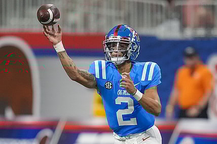 Sep 6, 2021; Atlanta, Georgia, USA; Mississippi Rebels quarterback Matt Corral (2) passes the ball against the Louisville Cardinals during the first half at Mercedes-Benz Stadium. Mandatory Credit: Dale Zanine-USA TODAY Sports