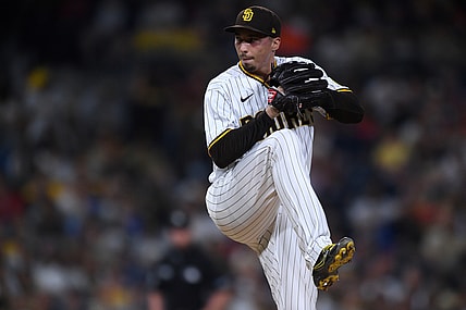 Sep 7, 2021; San Diego, California, USA; San Diego Padres starting pitcher Blake Snell (4) throws a pitch against the Los Angeles Angels during the sixth inning at Petco Park. Mandatory Credit: Orlando Ramirez-USA TODAY Sports