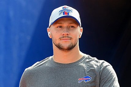 Aug 28, 2021; Orchard Park, New York, USA; Buffalo Bills quarterback Josh Allen (17) walks to the field prior to the game against the Green Bay Packers at Highmark Stadium. Mandatory Credit: Rich Barnes-USA TODAY Sports