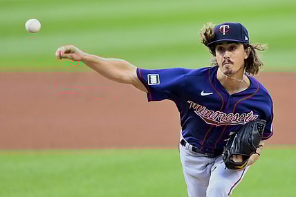 Sep 8, 2021; Cleveland, Ohio, USA; Minnesota Twins starting pitcher Joe Ryan (74) delivers a pitch against the Cleveland Indians in the first inning at Progressive Field. Mandatory Credit: David Richard-USA TODAY Sports