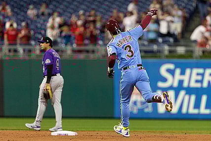 Sep 9, 2021; Philadelphia, Pennsylvania, USA; Philadelphia Phillies right fielder Bryce Harper (3) runs the bases after hitting a home run against the Colorado Rockies during the first inning at Citizens Bank Park. Mandatory Credit: Bill Streicher-USA TODAY Sports