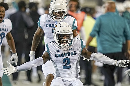 Sep 10, 2021; Conway, South Carolina, USA; Coastal Carolina Chanticleers cornerback D'Jordan Strong (2) celebrates an interception against the Kansas Jayhawks  at Brooks Stadium. Mandatory Credit: David Yeazell-USA TODAY Sports