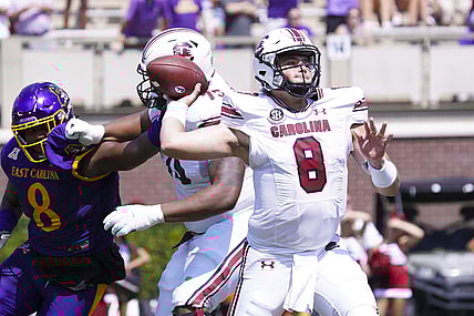 Sep 11, 2021; Greenville, North Carolina, USA;  South Carolina Gamecocks quarterback Zeb Noland (8) throws the ball during the first half against the East Carolina Pirates at Dowdy-Ficklen Stadium. Mandatory Credit: James Guillory-USA TODAY Sports