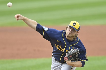 Sep 11, 2021; Cleveland, Ohio, USA; Milwaukee Brewers starting pitcher Corbin Burnes (39) delivers a pitch in the first inning against the Cleveland Indians at Progressive Field. Mandatory Credit: David Richard-USA TODAY Sports