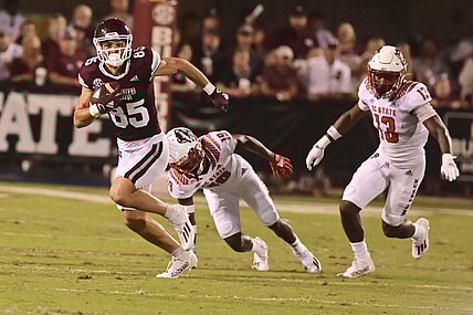 Sep 11, 2021; Starkville, Mississippi, USA; Mississippi State Bulldogs wide receiver Austin Williams (85) returns a punt against the North Carolina State Wolfpack during the second quarter at Davis Wade Stadium at Scott Field. Mandatory Credit: Matt Bush-USA TODAY Sports