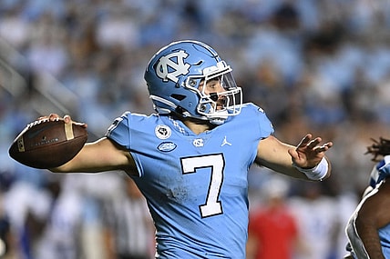 Sep 11, 2021; Chapel Hill, North Carolina, USA; North Carolina Tar Heels quarterback Sam Howell (7) looks to pass in the third quarter at Kenan Memorial Stadium. Mandatory Credit: Bob Donnan-USA TODAY Sports