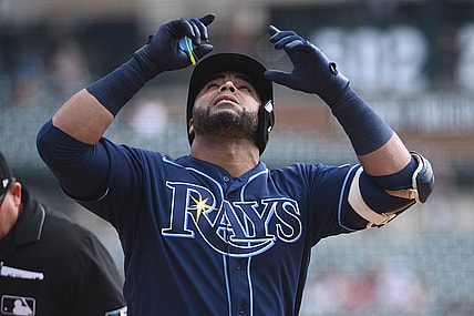 Sep 12, 2021; Detroit, Michigan, USA; Tampa Bay Rays designated hitter Nelson Cruz (23) celebrates after hitting a home run during the fourth inning against the Detroit Tigers at Comerica Park. Mandatory Credit: Tim Fuller-USA TODAY Sports