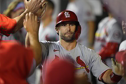 Sep 13, 2021; New York City, New York, USA; Teammates congratulate St. Louis Cardinals first baseman Paul Goldschmidt (46) for hitting a home run against the New York Mets during the fifth inning at Citi Field. Mandatory Credit: Gregory Fisher-USA TODAY Sports
