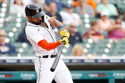 Sep 15, 2021; Detroit, Michigan, USA;  Detroit Tigers center fielder Derek Hill (54) hits an RBI triple in the fifth inning against the Milwaukee Brewers at Comerica Park. Mandatory Credit: Rick Osentoski-USA TODAY Sports