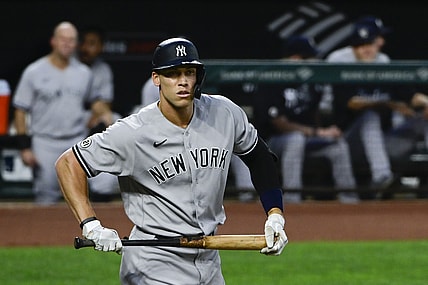 Sep 15, 2021; Baltimore, Maryland, USA;  New York Yankees right fielder Aaron Judge (99) looks down the line during a first inning at bat against the Baltimore Orioles at Oriole Park at Camden Yards. Mandatory Credit: Tommy Gilligan-USA TODAY Sports
