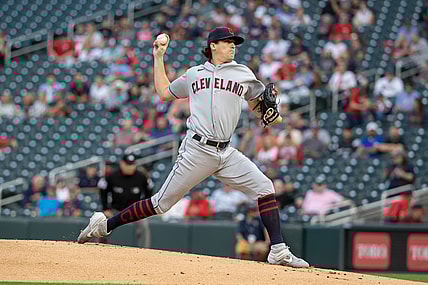 Sep 15, 2021; Minneapolis, Minnesota, USA; Cleveland Indians starting pitcher Cal Quantrill (47) delivers a pitch during the first inning against the Minnesota Twins at Target Field. Mandatory Credit: Jordan Johnson-USA TODAY Sports