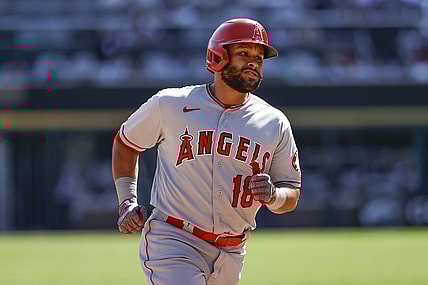 Sep 16, 2021; Chicago, Illinois, USA; Los Angeles Angels third baseman Jose Rojas (18) rounds the bases after hitting a two-run home run against the Chicago White Sox during the fourth inning at Guaranteed Rate Field. Mandatory Credit: Kamil Krzaczynski-USA TODAY Sports