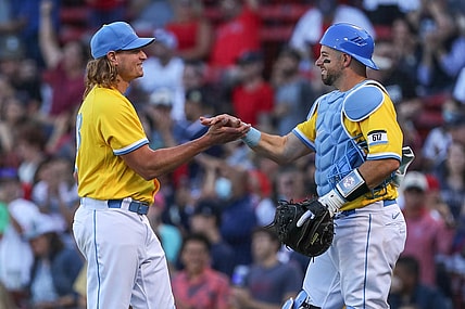 Sep 19, 2021; Boston, Massachusetts, USA; Boston Red Sox starting pitcher Garrett Richards (43) and Boston Red Sox catcher Kevin Plawecki (25) react after defeating the Baltimore Orioles at Fenway Park. Mandatory Credit: Paul Rutherford-USA TODAY Sports