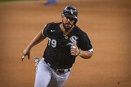 Sep 19, 2021; Arlington, Texas, USA; Chicago White Sox designated hitter Jose Abreu (79) scores from second base during the seventh inning against the Texas Rangers at Globe Life Field. Mandatory Credit: Jerome Miron-USA TODAY Sports