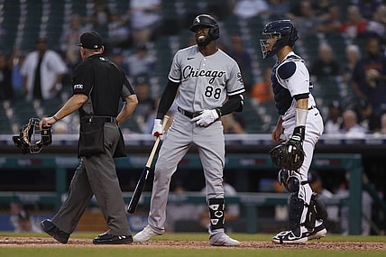 Sep 20, 2021; Detroit, Michigan, USA; Chicago White Sox center fielder Luis Robert (88) reacts after being hit by a pitch from Detroit Tigers starting pitcher Matt Manning (not pictured) during the third inning at Comerica Park. Mandatory Credit: Raj Mehta-USA TODAY Sports