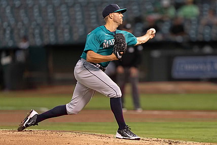 Sep 20, 2021; Oakland, California, USA;  Seattle Mariners starting pitcher Tyler Anderson (31) pitches during the second inning against the Oakland Athletics at RingCentral Coliseum. Mandatory Credit: Stan Szeto-USA TODAY Sports
