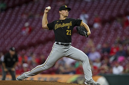 Sep 21, 2021; Cincinnati, Ohio, USA; Pittsburgh Pirates starting pitcher Mitch Keller (23) throws against the Cincinnati Reds in the first inning at Great American Ball Park. Mandatory Credit: Katie Stratman-USA TODAY Sports