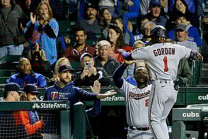 Sep 21, 2021; Chicago, Illinois, USA; Minnesota Twins left fielder Nick Gordon (1) is congratulated as he enters the dugout after hitting a two run home run against the Chicago Cubs during the fourth inning during the fourth inning at Wrigley Field. Mandatory Credit: Jon Durr-USA TODAY Sports