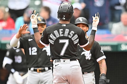 Sep 23, 2021; Cleveland, Ohio, USA; Chicago White Sox shortstop Tim Anderson (7) celebrates after hitting his second home run of the game during the second inning against the Cleveland Indians at Progressive Field. Mandatory Credit: Ken Blaze-USA TODAY Sports