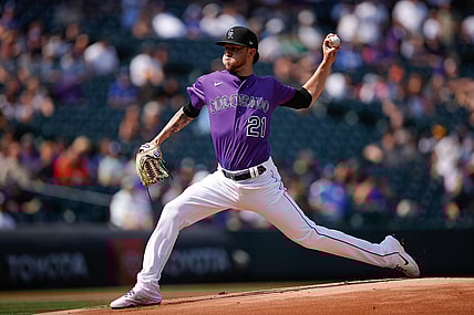 Sep 23, 2021; Denver, Colorado, USA; Colorado Rockies starting pitcher Kyle Freeland (21) pitches in the first inning against the Los Angeles Dodgers at Coors Field. Mandatory Credit: Isaiah J. Downing-USA TODAY Sports