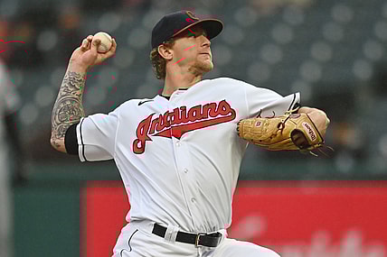 Sep 23, 2021; Cleveland, Ohio, USA; Cleveland Indians starting pitcher Zach Plesac (34) throws a pitch during the first inning against the Chicago White Sox at Progressive Field. Mandatory Credit: Ken Blaze-USA TODAY Sports