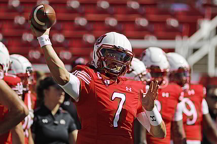 Sep 25, 2021; Salt Lake City, Utah, USA; Utah Utes quarterback Cameron Rising (7) warms up prior to their game against the Washington State Cougars at Rice-Eccles Stadium. Mandatory Credit: Jeffrey Swinger-USA TODAY Sports