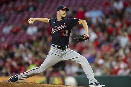 Sep 25, 2021; Cincinnati, Ohio, USA; Washington Nationals starting pitcher Erick Fedde (23) throws a pitch against the Cincinnati Reds in the first inning at Great American Ball Park. Mandatory Credit: Katie Stratman-USA TODAY Sports