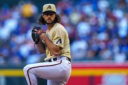 Sep 25, 2021; Phoenix, Arizona, USA; Arizona Diamondbacks starting pitcher Zac Gallen (23) throws against the Los Angeles Dodgers during the third inning at Chase Field. Mandatory Credit: Allan Henry-USA TODAY Sports