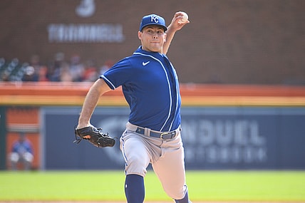 Sep 26, 2021; Detroit, Michigan, USA; Kansas City Royals starting pitcher Kris Bubic (50) pitches the ball during the first inning against the Detroit Tigers at Comerica Park. Mandatory Credit: Tim Fuller-USA TODAY Sports