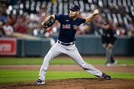 Sep 28, 2021; Baltimore, Maryland, USA; Boston Red Sox starting pitcher Chris Sale (41) pitches against the Baltimore Orioles during the second inning at Oriole Park at Camden Yards. Mandatory Credit: Scott Taetsch-USA TODAY Sports