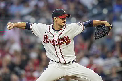 Sep 28, 2021; Cumberland, Georgia, USA; Atlanta Braves starting pitcher Charlie Morton (50) throws against the Philadelphia Phillies during the first inning at Truist Park. Mandatory Credit: Dale Zanine-USA TODAY Sports