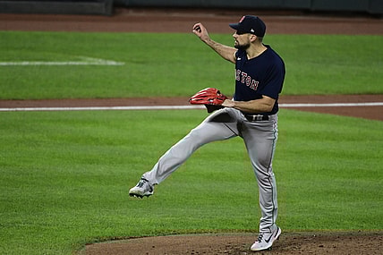 Sep 29, 2021; Baltimore, Maryland, USA; Boston Red Sox starting pitcher Nathan Eovaldi (17) follows through on a second inning pitch against the Baltimore Orioles  at Oriole Park at Camden Yards. Mandatory Credit: Tommy Gilligan-USA TODAY Sports