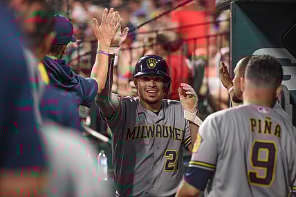 Sep 29, 2021; St. Louis, Missouri, USA; Milwaukee Brewers shortstop Willy Adames (27) celebrates after scoring a run against the St. Louis Cardinals during the first inning at Busch Stadium. Mandatory Credit: Joe Puetz-USA TODAY Sports
