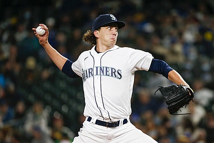 Sep 29, 2021; Seattle, Washington, USA; Seattle Mariners starting pitcher Logan Gilbert (36) throws against the Oakland Athletics during the fourth inning at T-Mobile Park. Mandatory Credit: Joe Nicholson-USA TODAY Sports