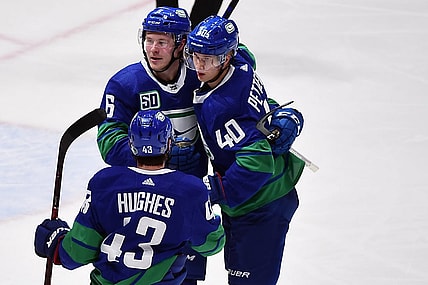Dec 28, 2019; Vancouver, British Columbia, CAN;  Vancouver Canucks forward Elias Pettersson (40) celebrates his goal  against Los Angeles Kings goaltender Jonathan Quick (32) (not pictured) with Vancouver Canucks defenseman Quinn Hughes (43) and forward Brock Boeser (6) during the third period at Rogers Arena. Mandatory Credit: Anne-Marie Sorvin-USA TODAY Sports