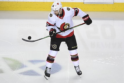 May 9, 2021; Calgary, Alberta, CAN; Ottawa Senators forward Colin White (36) warms up against the Calgary Flames at Scotiabank Saddledome. Mandatory Credit: Candice Ward-USA TODAY Sports