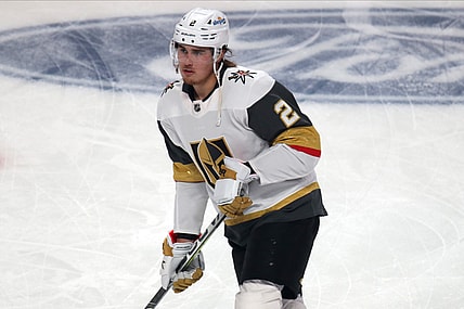 Jun 18, 2021; Montreal, Quebec, CAN; Vegas Golden Knights defenseman Zach Whitecloud (2) during the warm up session before the game three against Montreal Canadiens of the 2021 Stanley Cup Semifinals at Bell Centre. Mandatory Credit: Jean-Yves Ahern-USA TODAY Sports