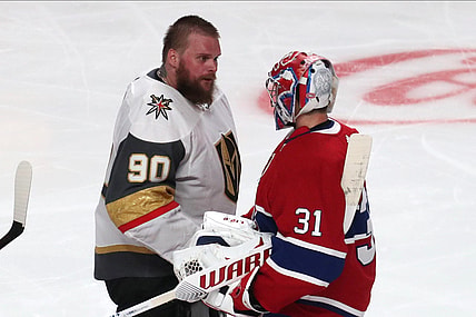 Jun 24, 2021; Montreal, Quebec, CAN; Montreal Canadiens goaltender Carey Price (31) and Vegas Golden Knights goaltender Robin Lehner (90) congratulate each other during an overtime period in game six of the 2021 Stanley Cup Semifinals at Bell Centre. Mandatory Credit: Jean-Yves Ahern-USA TODAY Sports