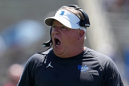 Aug 28, 2021; Pasadena, California, USA; UCLA Bruins head coach Chip Kelly reacts in the first half against the Hawaii Rainbow Warriors at Rose Bowl. Mandatory Credit: Kirby Lee-USA TODAY Sports
